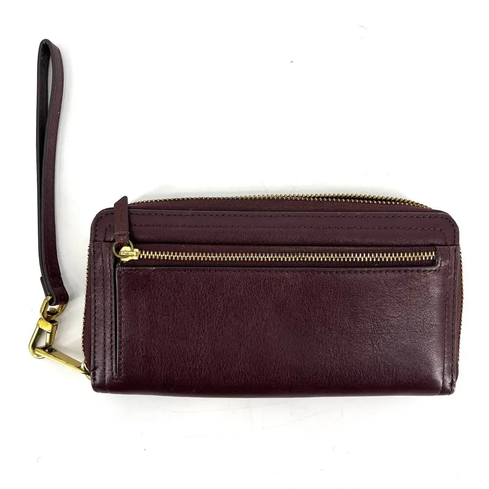 Fossil Logan Purple Multi-Color Striped Zip Around Leather Wallet Wrist Strap‎